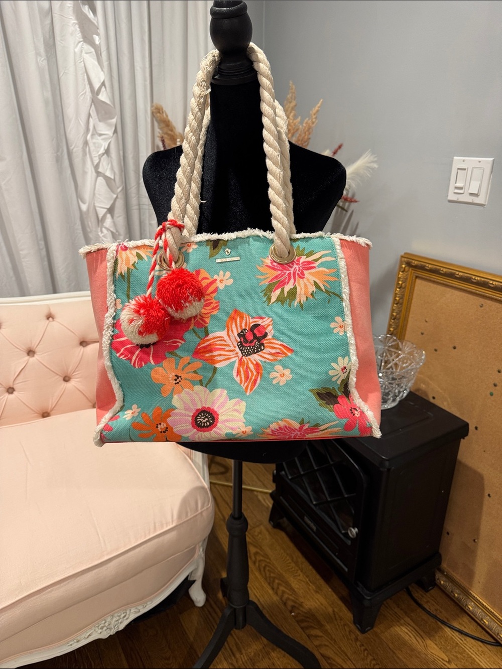 Spartina 449 Turquoise Floral Tote with Coral Sides and Red Pom-Poms